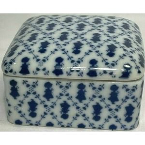 Vintage Holly Hobby Trinket Box With Lid Square Petite Pattern Blue White Japan